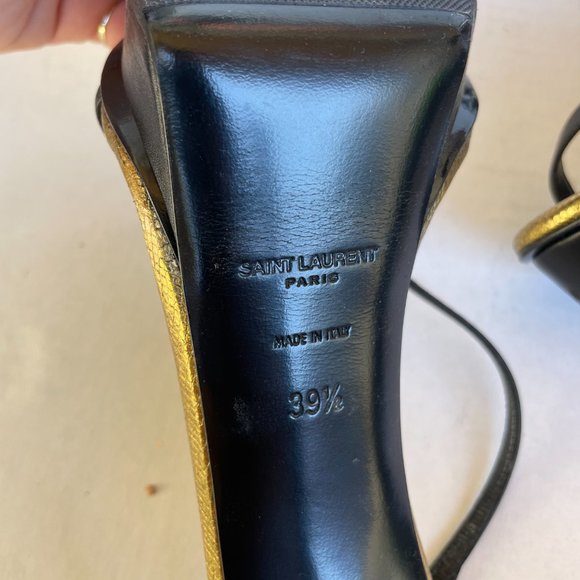 Saint Laurent Paris Platform Sandals 39.5 Gold/Black Leather Thin Ankle Strap - Picture 10 of 10